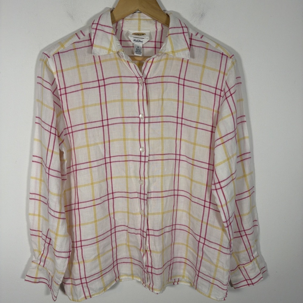 Talbots Pure Irish Linen Shirt 10 White Pink Yellow Plaid Button Up Top Spring‎